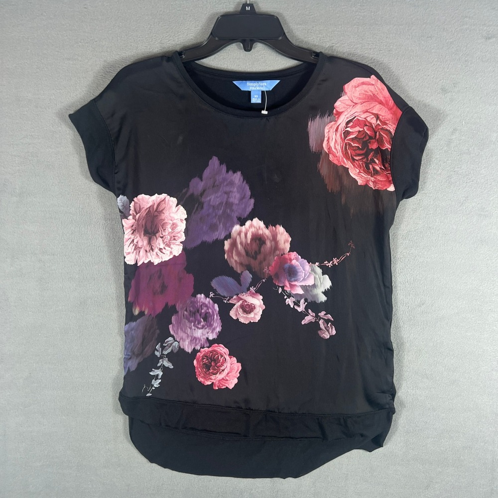 Simply Vera Vera Wang Womens Top XS Black Floral Relaxed Cap Sleeve Mixed Media